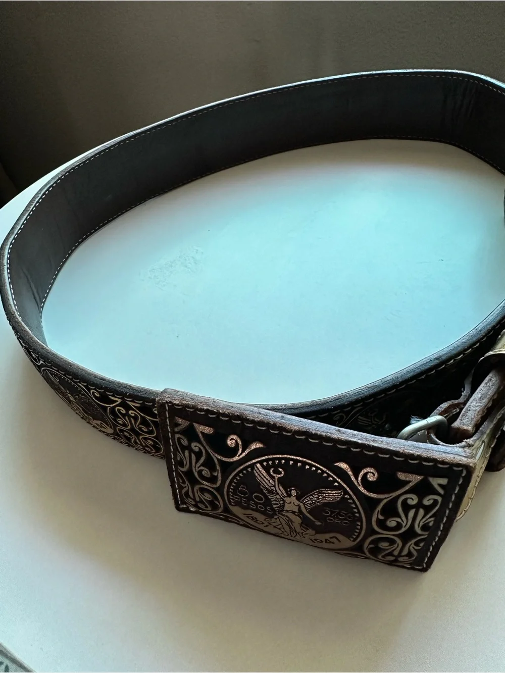 Men's Brown Embossed Leather Belt with Coin Motif new without tags
